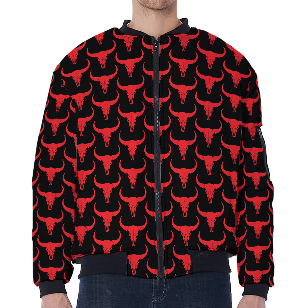 Red And Black Bull Skull Pattern Print Zip Sleeve Bomber Jacket