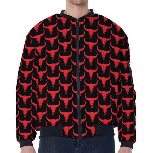 Red And Black Bull Skull Pattern Print Zip Sleeve Bomber Jacket