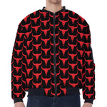Red And Black Bull Skull Pattern Print Zip Sleeve Bomber Jacket