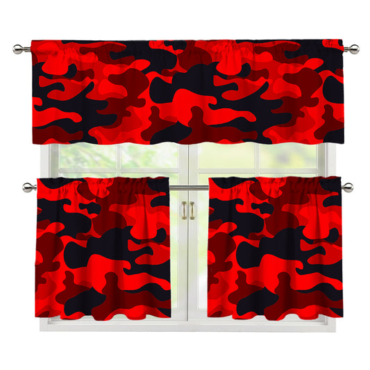 Red And Black Camouflage Print 3 Piece Kitchen Curtains