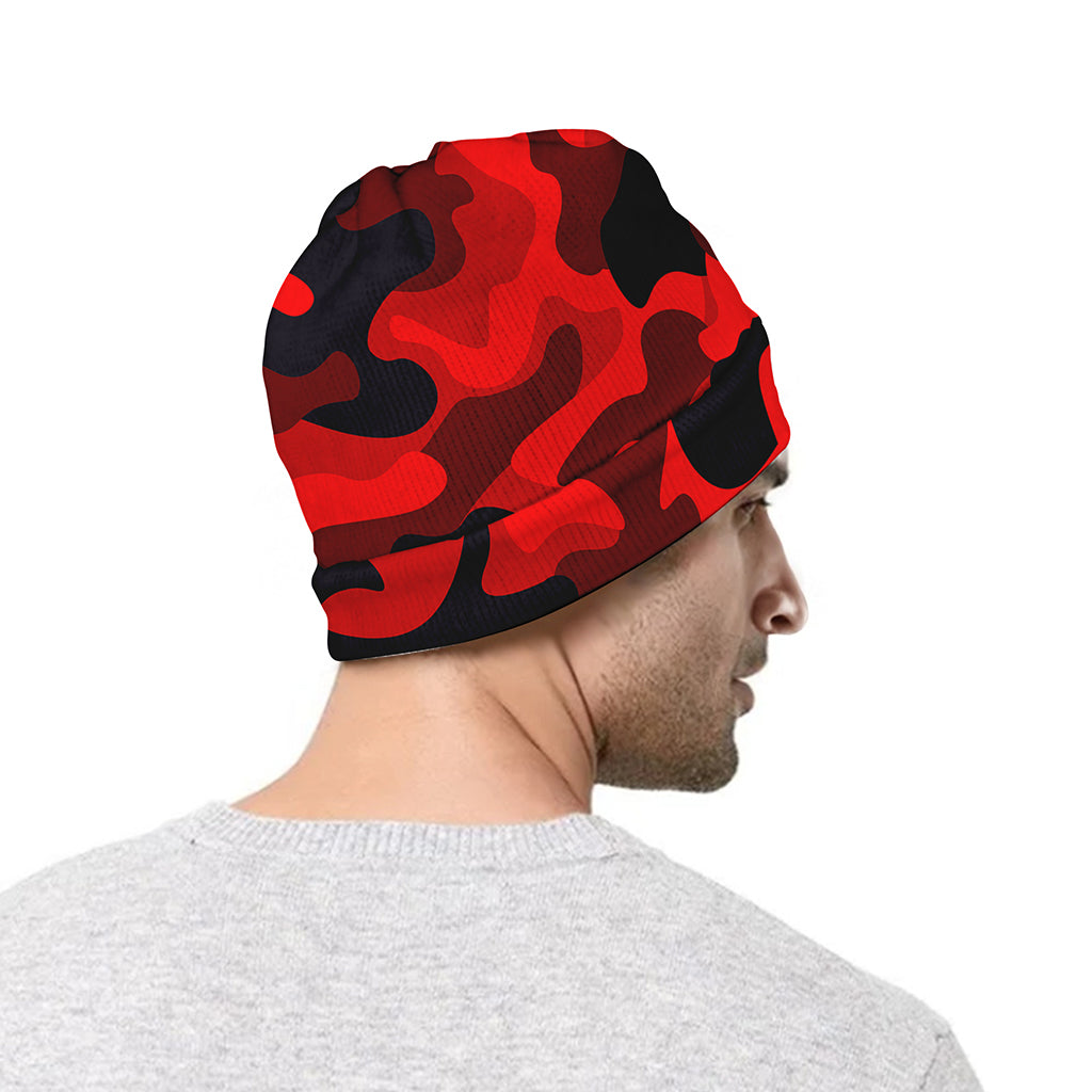 Red And Black Camouflage Print Beanie