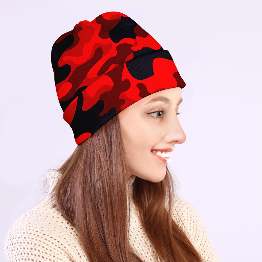 Red And Black Camouflage Print Beanie