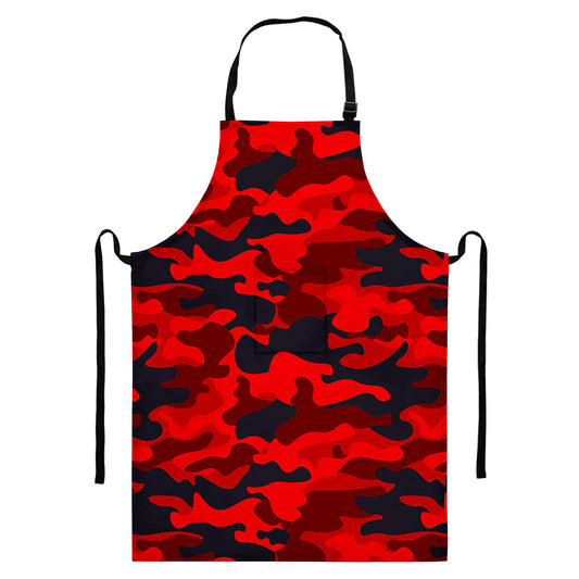 Red And Black Camouflage Print Bib Apron With Pocket