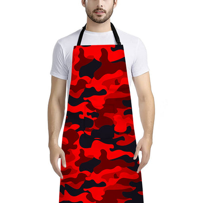 Red And Black Camouflage Print Bib Apron With Pocket