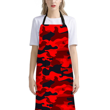 Red And Black Camouflage Print Bib Apron With Pocket