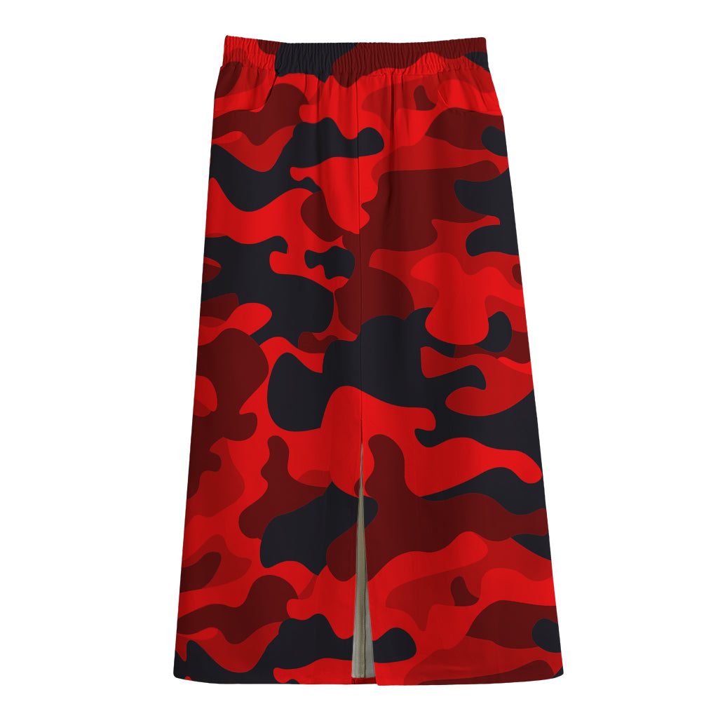 Red And Black Camouflage Print Cotton Front Slit Maxi Skirt
