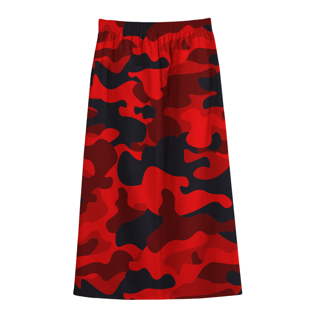 Red And Black Camouflage Print Cotton Front Slit Maxi Skirt