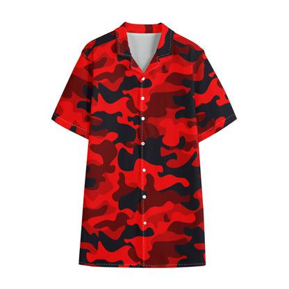 Red And Black Camouflage Print Cotton Hawaiian Shirt