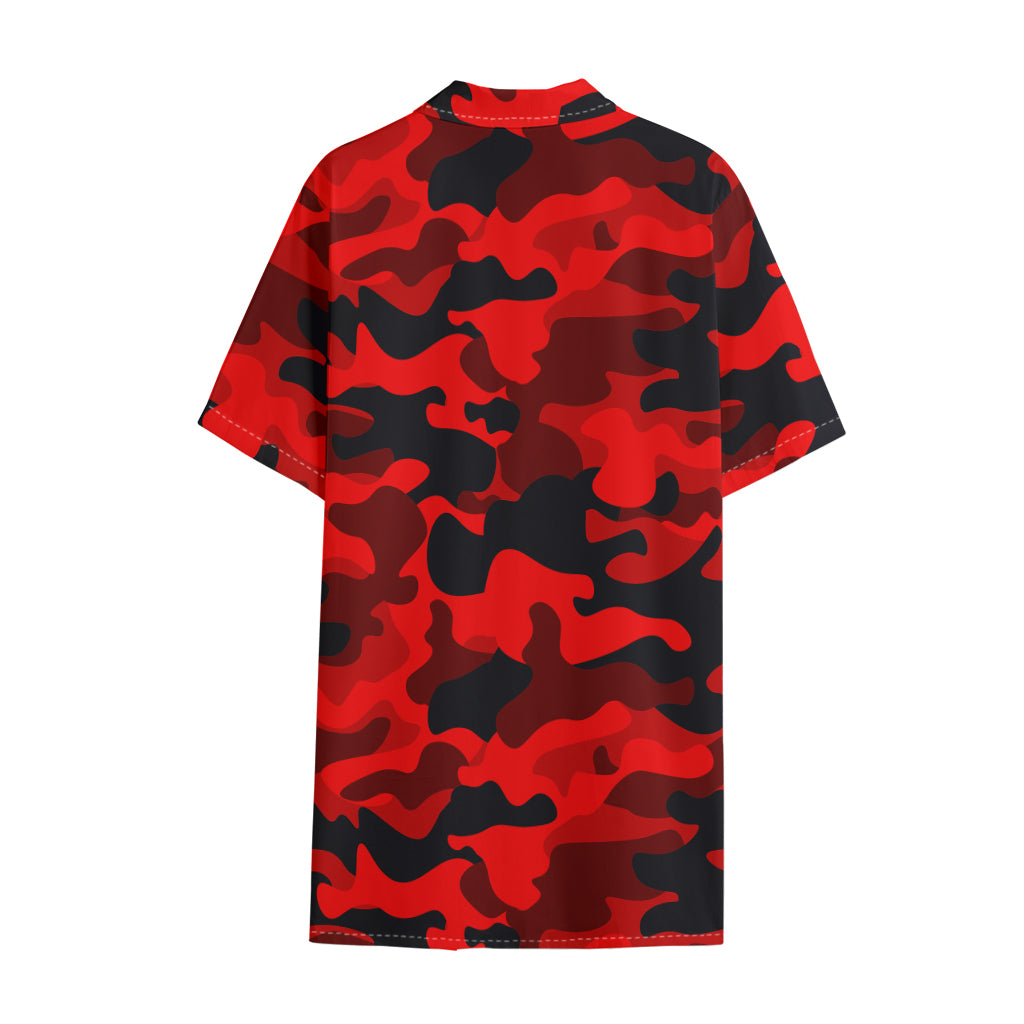 Red And Black Camouflage Print Cotton Hawaiian Shirt