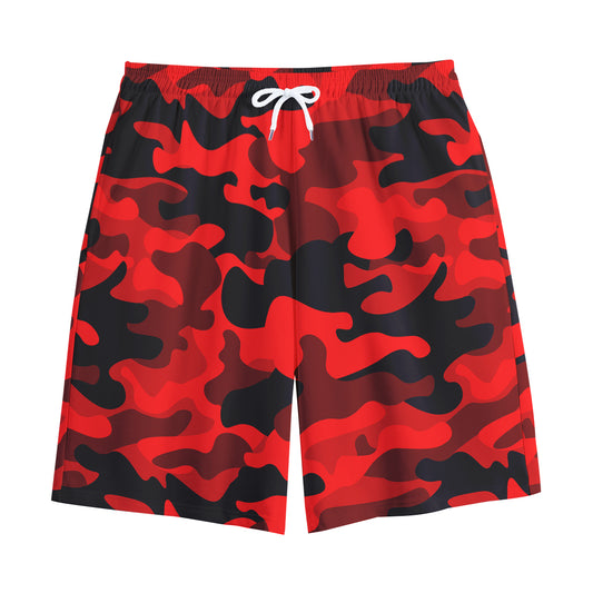 Red And Black Camouflage Print Cotton Shorts