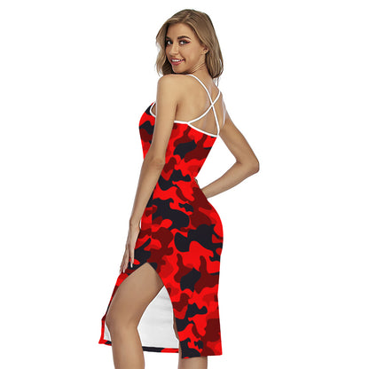 Red And Black Camouflage Print Cross Back Cami Dress