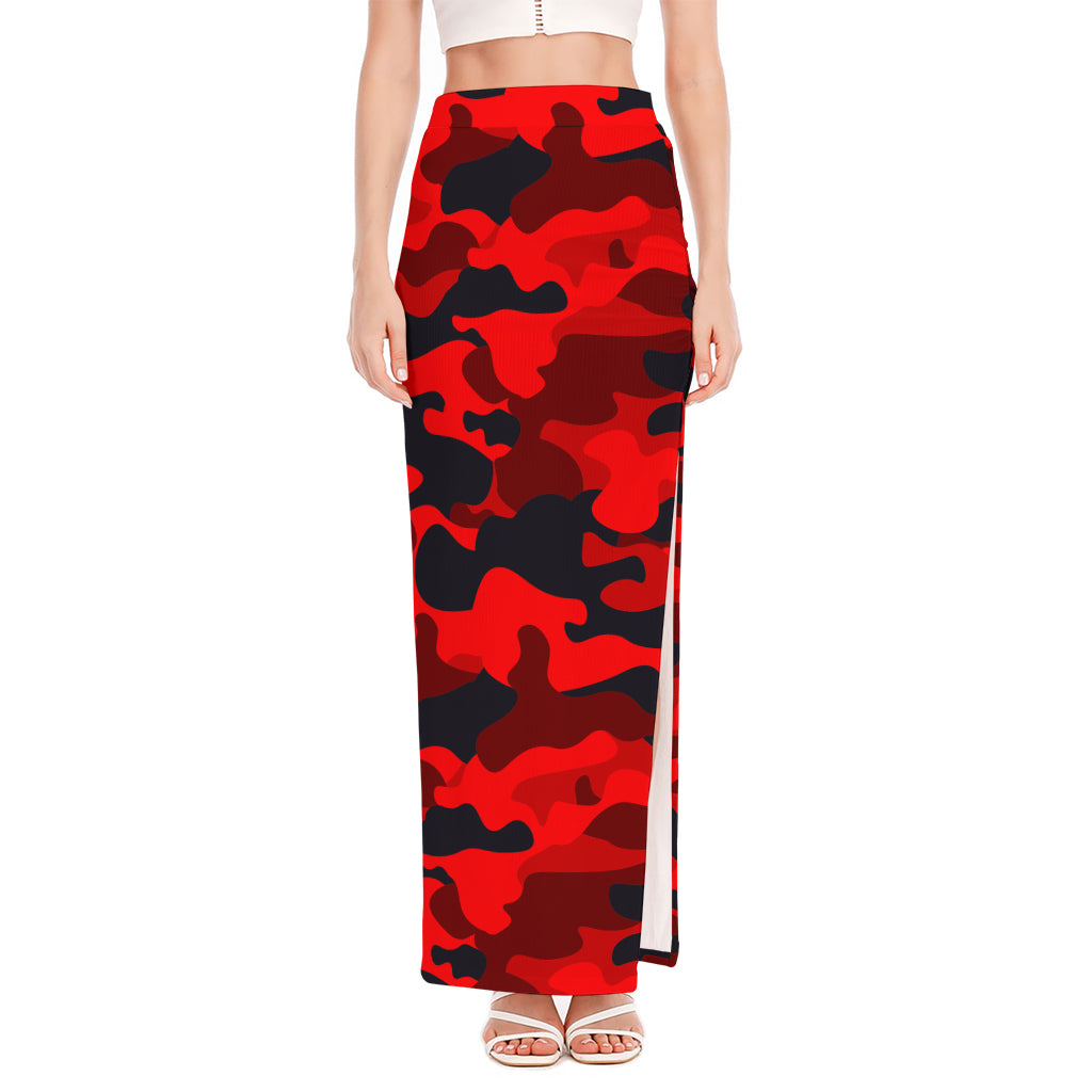 Red And Black Camouflage Print High Slit Maxi Skirt