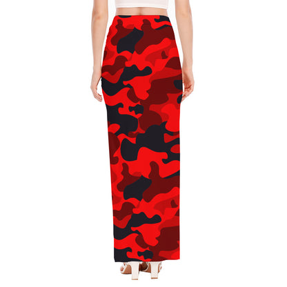 Red And Black Camouflage Print High Slit Maxi Skirt