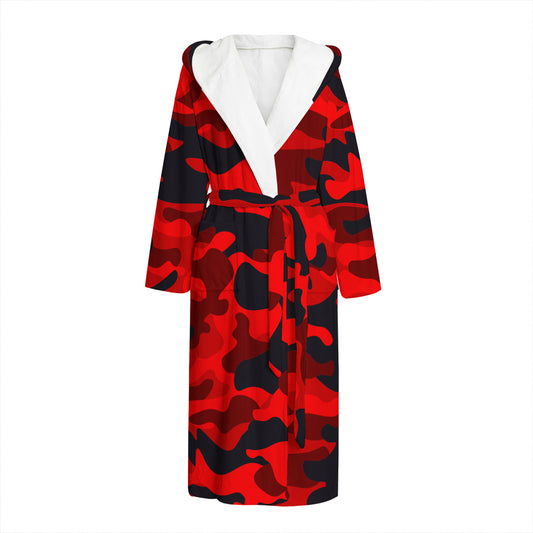 Red And Black Camouflage Print Hooded Bathrobe