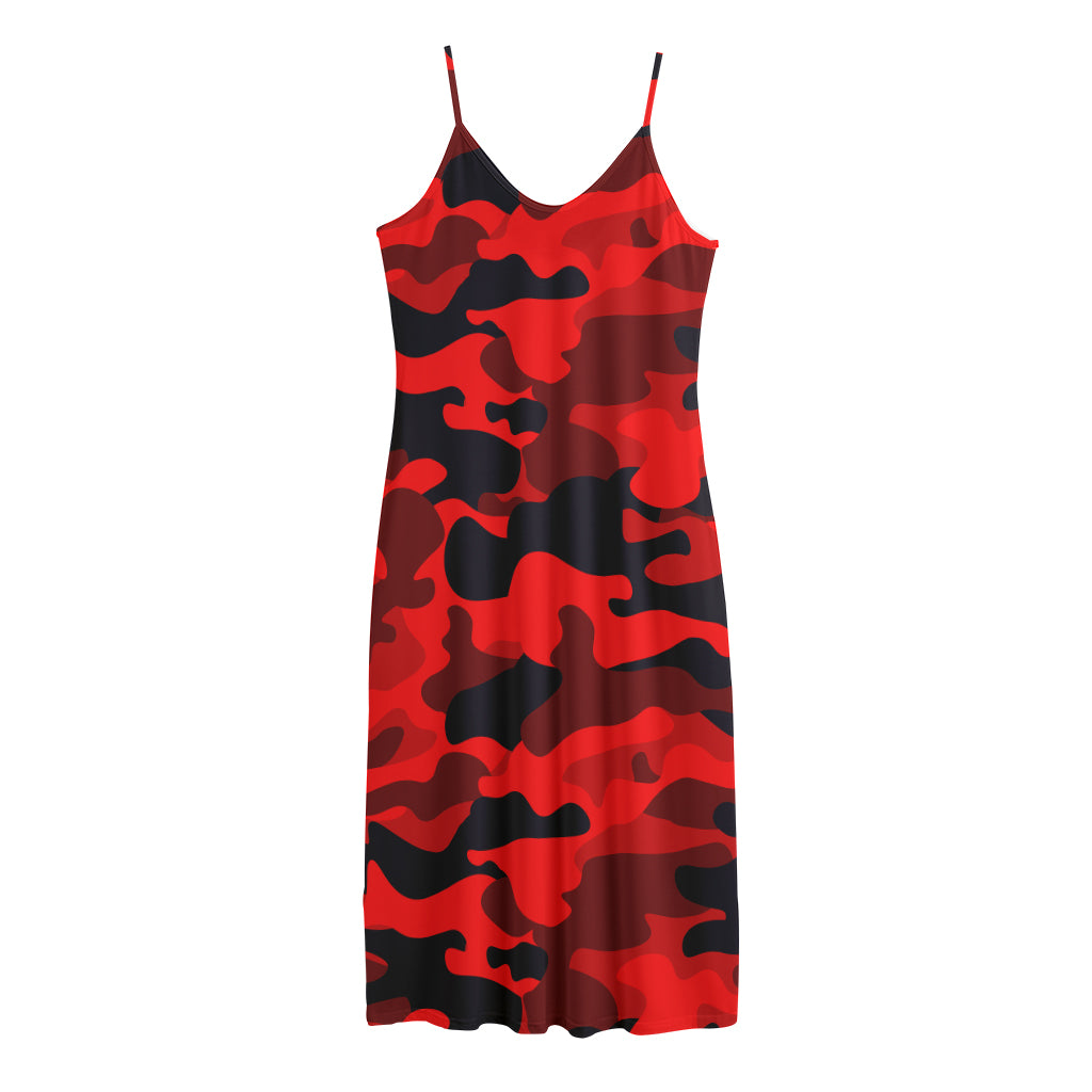 Red And Black Camouflage Print Jersey Midi Cami Dress