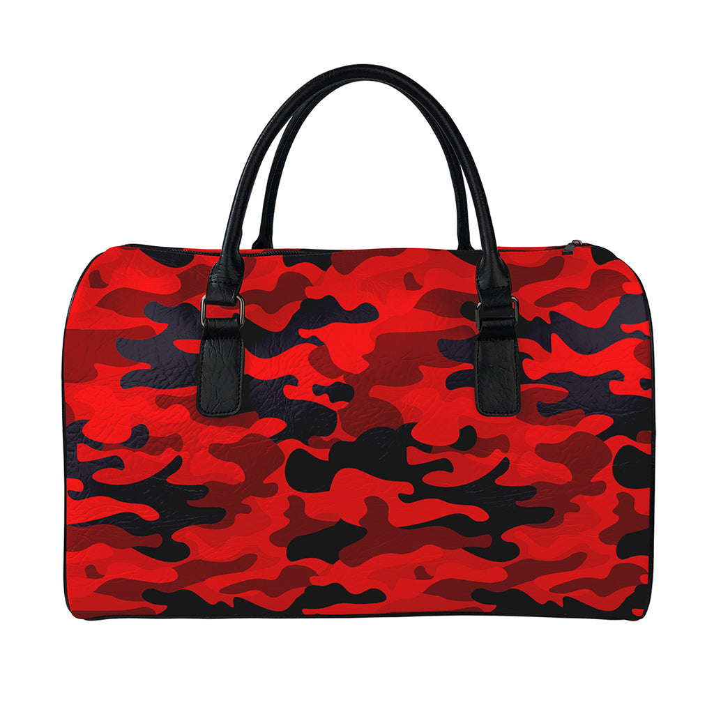 Red And Black Camouflage Print Leather Duffle Bag