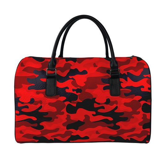 Red And Black Camouflage Print Leather Duffle Bag