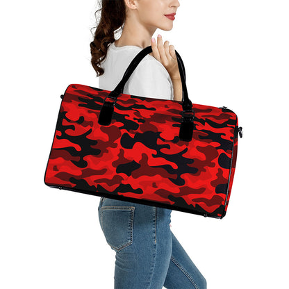 Red And Black Camouflage Print Leather Duffle Bag