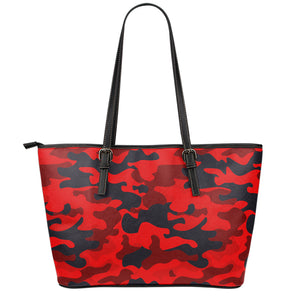 Red And Black Camouflage Print Leather Tote Bag