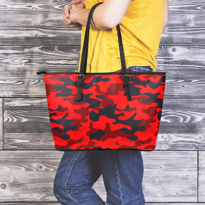 Red And Black Camouflage Print Leather Tote Bag
