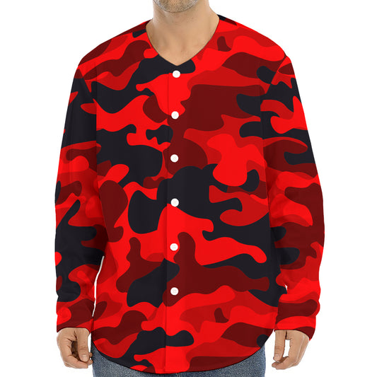 Red And Black Camouflage Print Long Sleeve Baseball Jersey