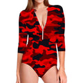Red And Black Camouflage Print Long Sleeve Swimsuit