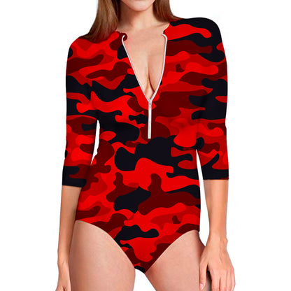 Red And Black Camouflage Print Long Sleeve Swimsuit