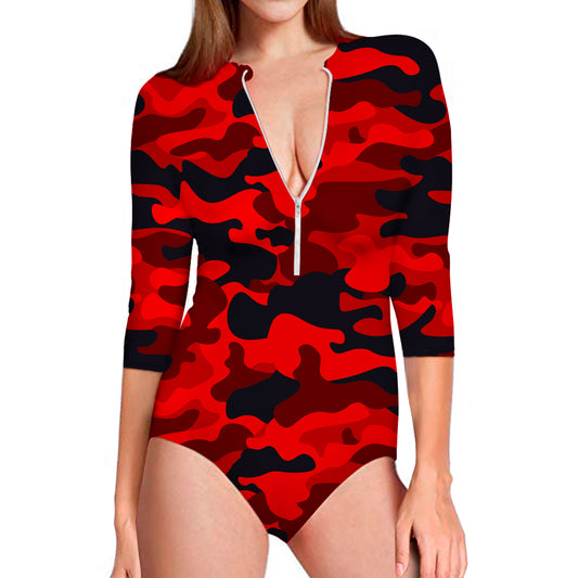 Red And Black Camouflage Print Long Sleeve Swimsuit