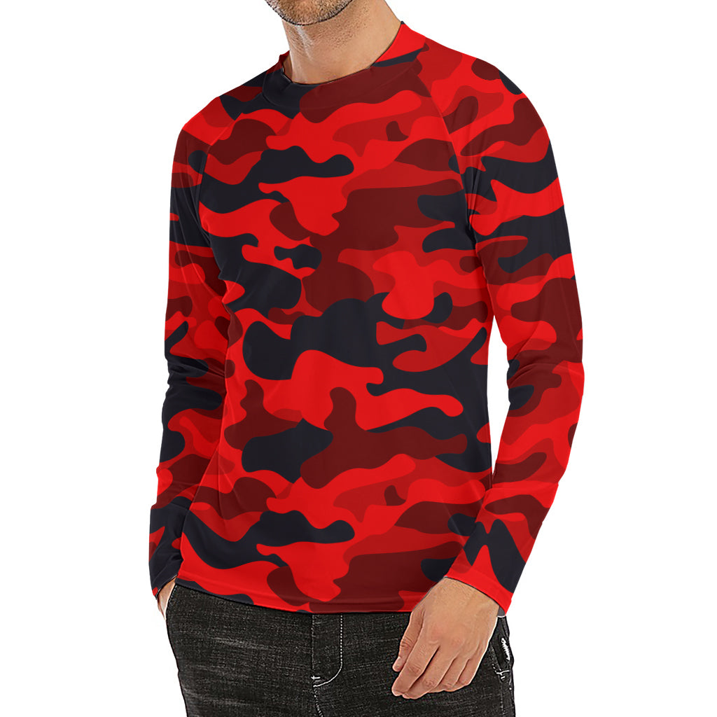 Red And Black Camouflage Print Men's Long Sleeve Rash Guard