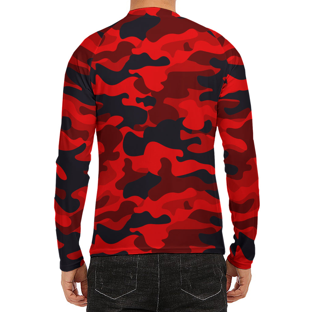Red And Black Camouflage Print Men's Long Sleeve Rash Guard
