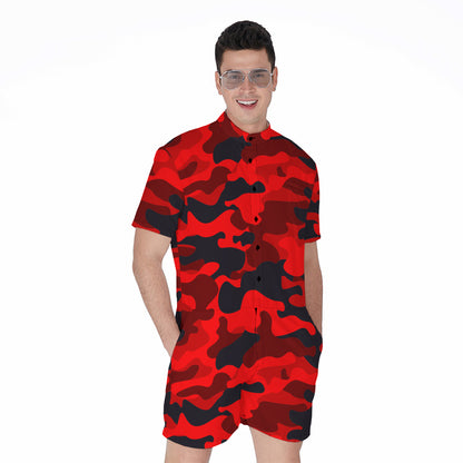Red And Black Camouflage Print Men's Rompers