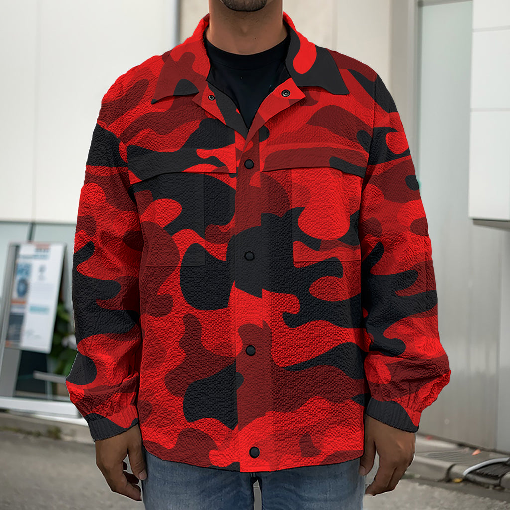 Red And Black Camouflage Print Men's Shirt Jacket