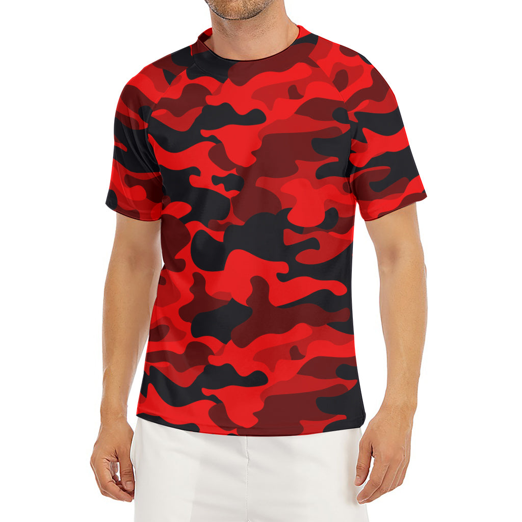 Red And Black Camouflage Print Men's Short Sleeve Rash Guard