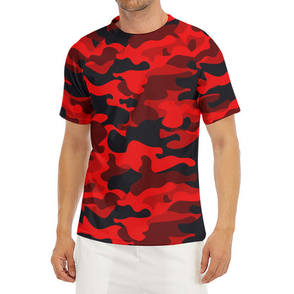 Red And Black Camouflage Print Men's Short Sleeve Rash Guard