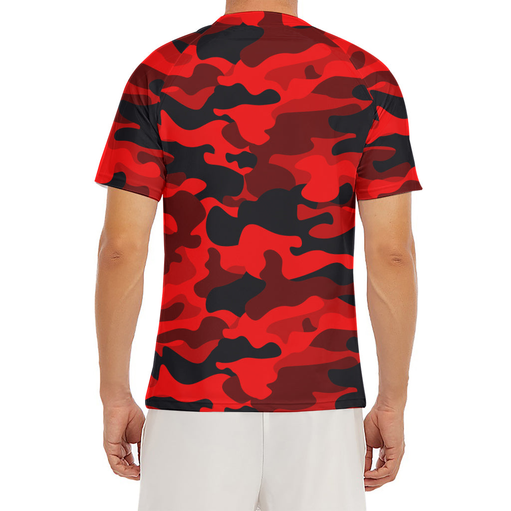 Red And Black Camouflage Print Men's Short Sleeve Rash Guard