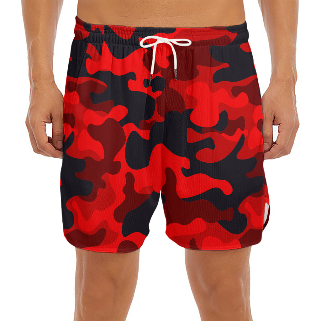 Red And Black Camouflage Print Men's Split Running Shorts