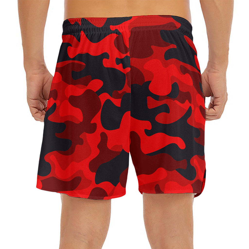 Red And Black Camouflage Print Men's Split Running Shorts