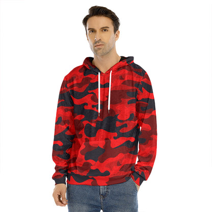 Red And Black Camouflage Print Men's Velvet Pullover Hoodie