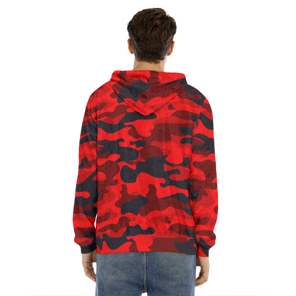 Red And Black Camouflage Print Men's Velvet Pullover Hoodie