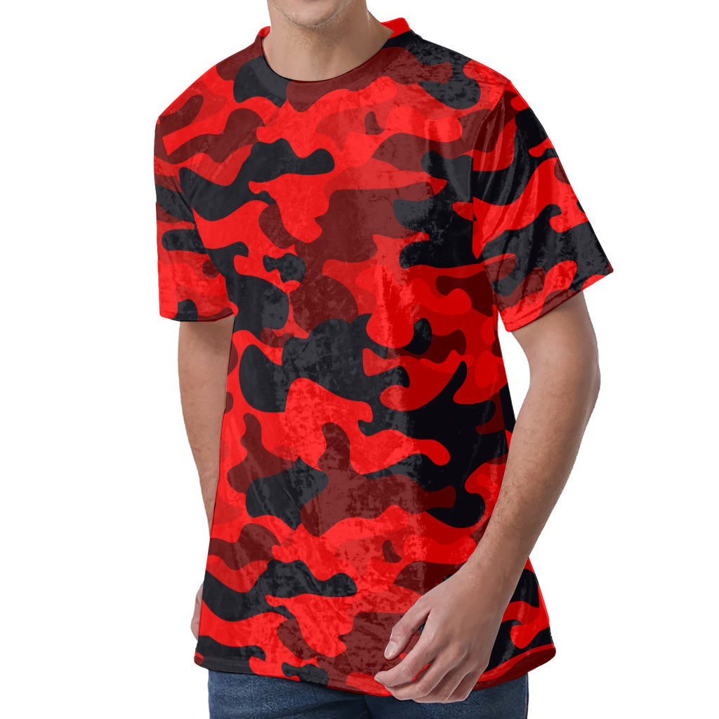 Red And Black Camouflage Print Men's Velvet T-Shirt