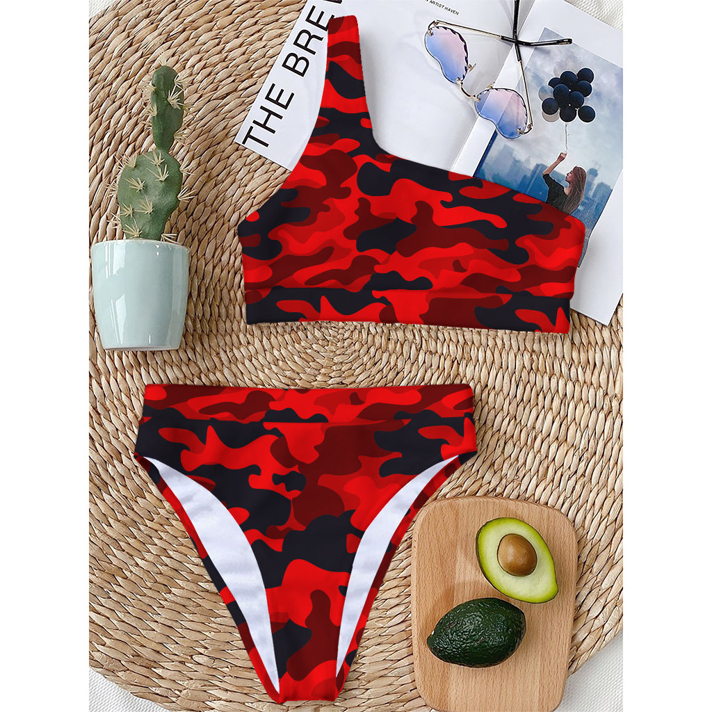 Red And Black Camouflage Print One Shoulder Bikini Top