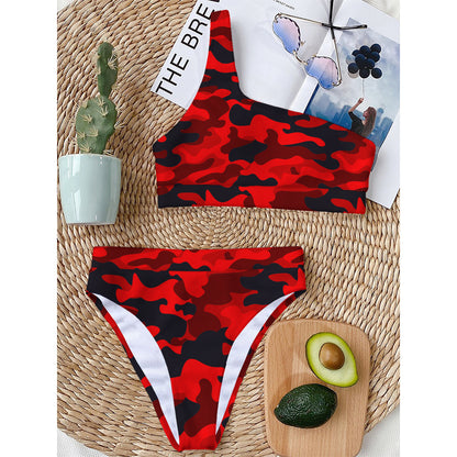 Red And Black Camouflage Print One Shoulder Bikini Top