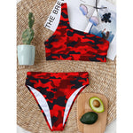 Red And Black Camouflage Print One Shoulder Bikini Top