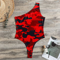 Red And Black Camouflage Print One Shoulder Bodysuit