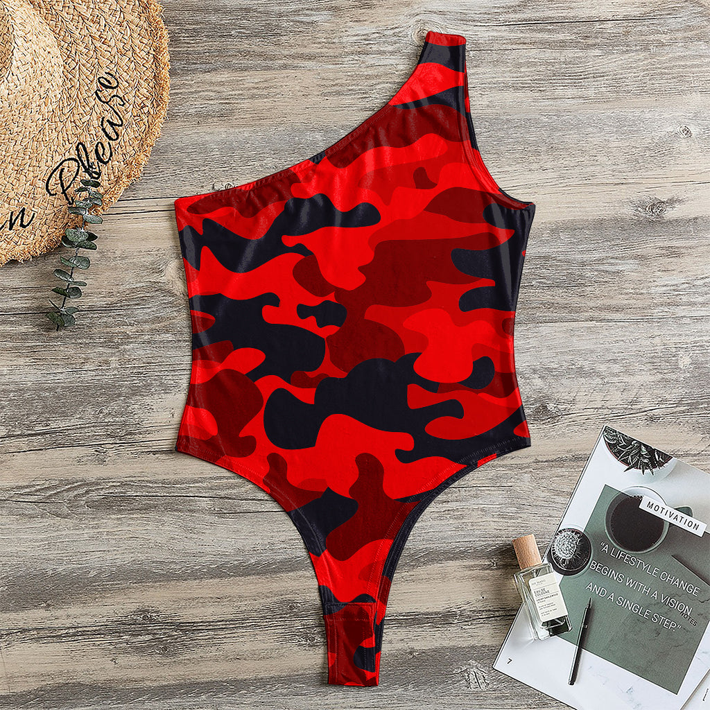 Red And Black Camouflage Print One Shoulder Bodysuit