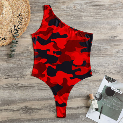 Red And Black Camouflage Print One Shoulder Bodysuit