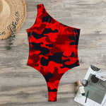 Red And Black Camouflage Print One Shoulder Bodysuit