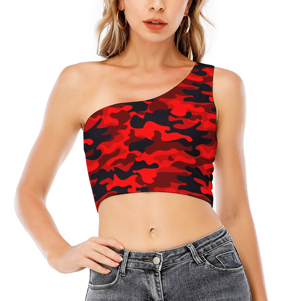 Red And Black Camouflage Print One Shoulder Crop Top