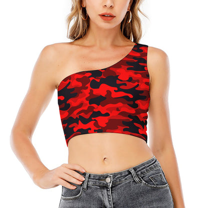 Red And Black Camouflage Print One Shoulder Crop Top