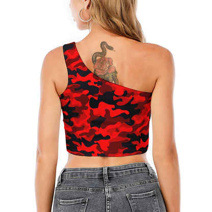 Red And Black Camouflage Print One Shoulder Crop Top